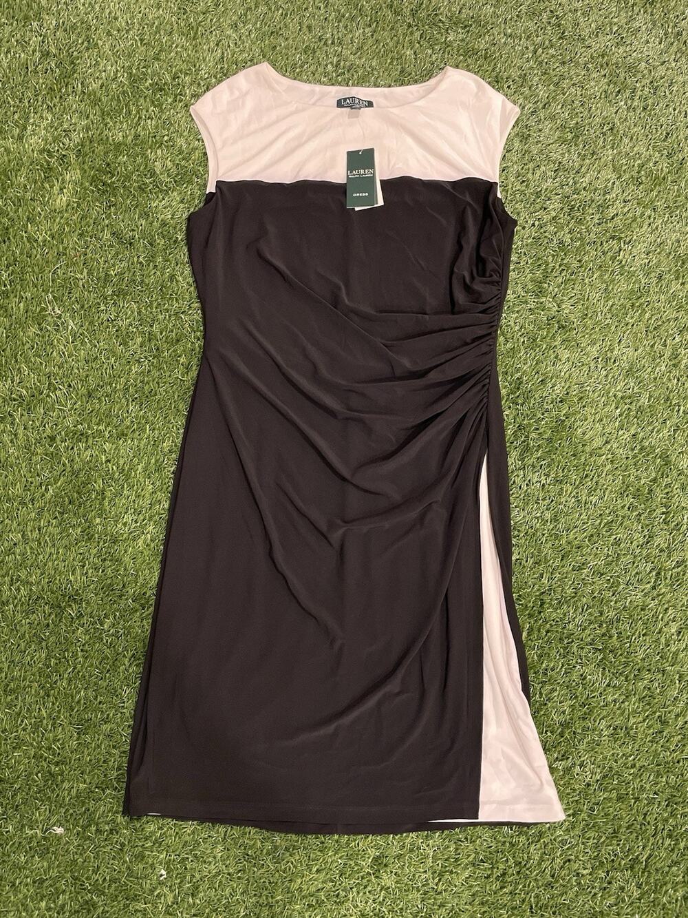 Ralph Lauren Colorblock Ruched Sheath Dress Black Cream 14 NWT